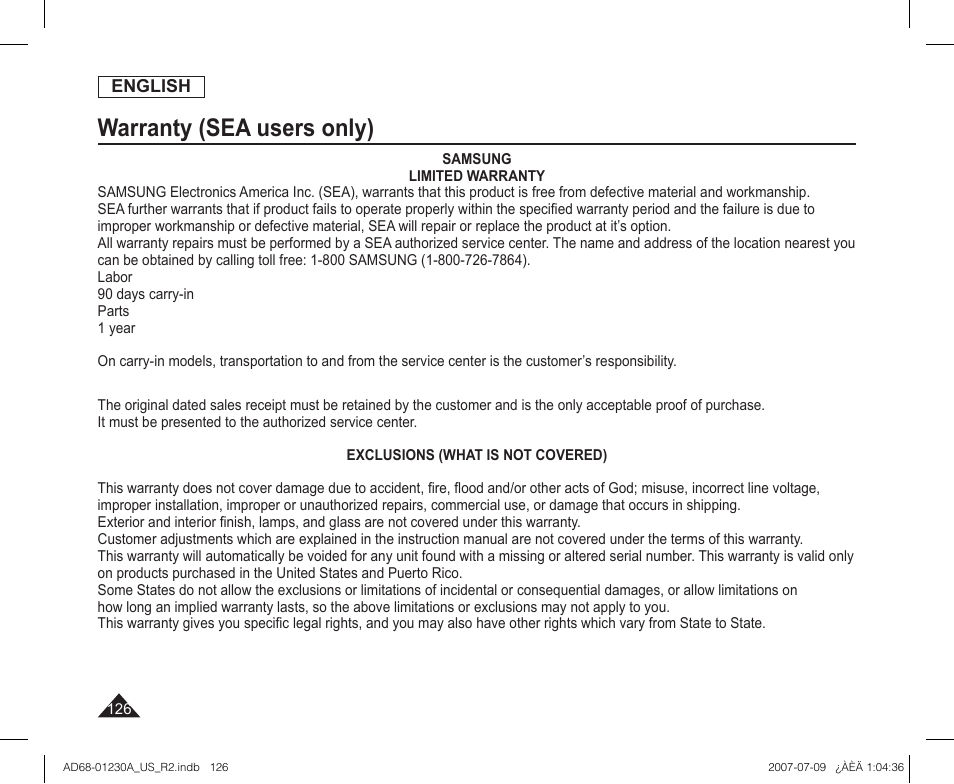 Warranty (sea users only) | Samsung SC-DC575-XAA User Manual | Page 126 / 128