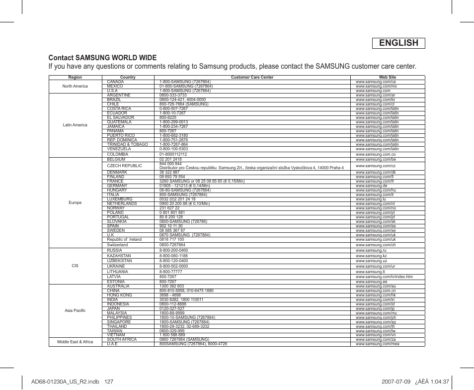 English | Samsung SC-DC575-XAA User Manual | Page 127 / 128