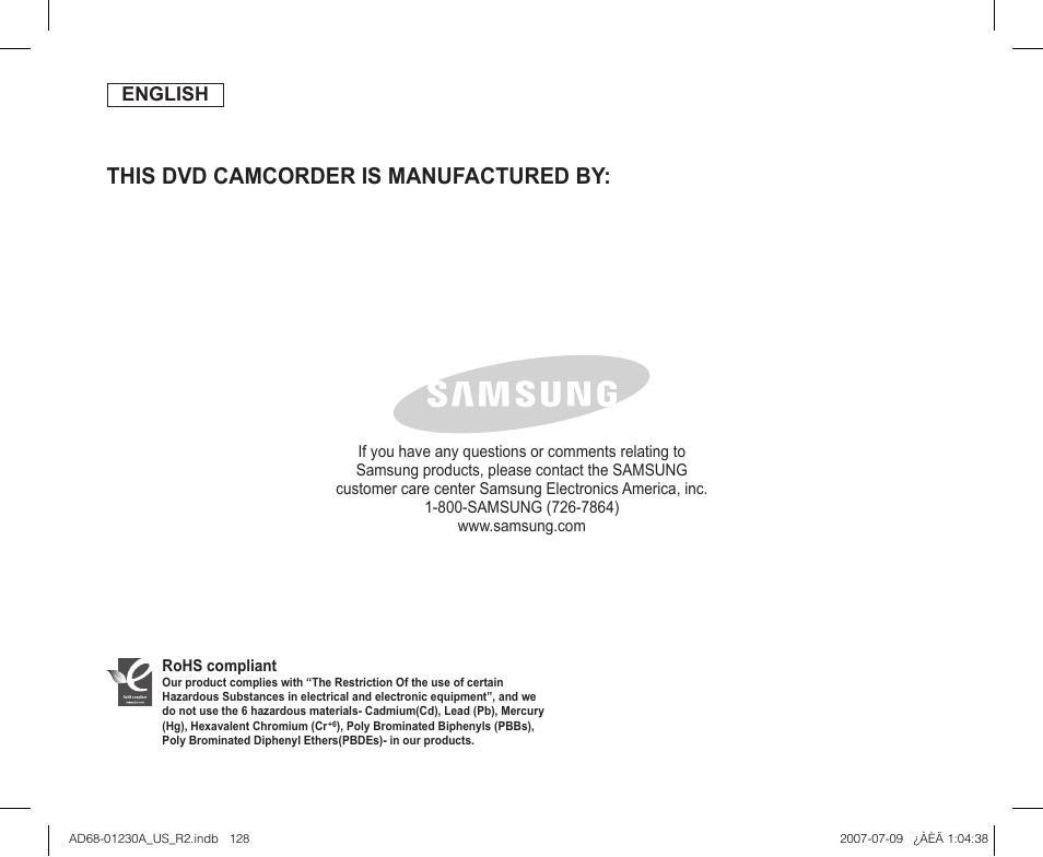 This dvd camcorder is manufactured by, English | Samsung SC-DC575-XAA User Manual | Page 128 / 128