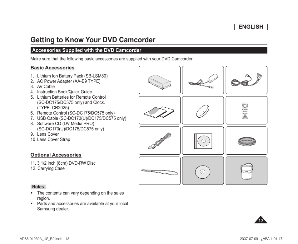 Accessories supplied with the dvd camcorder, Getting to know your dvd camcorder | Samsung SC-DC575-XAA User Manual | Page 13 / 128