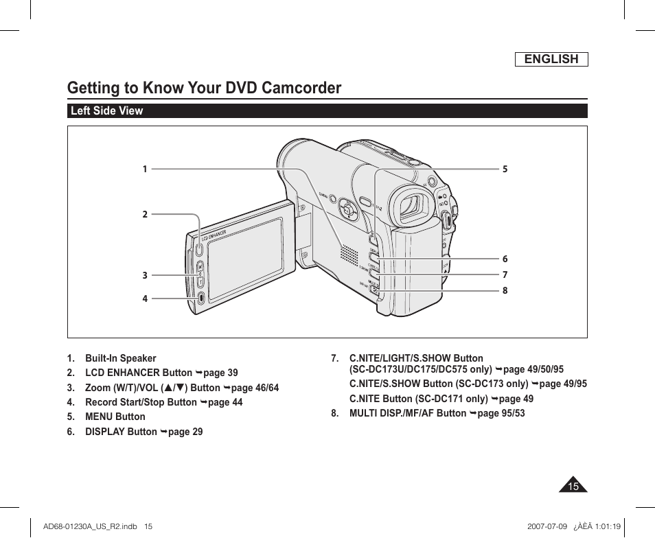 Left side view, Getting to know your dvd camcorder | Samsung SC-DC575-XAA User Manual | Page 15 / 128