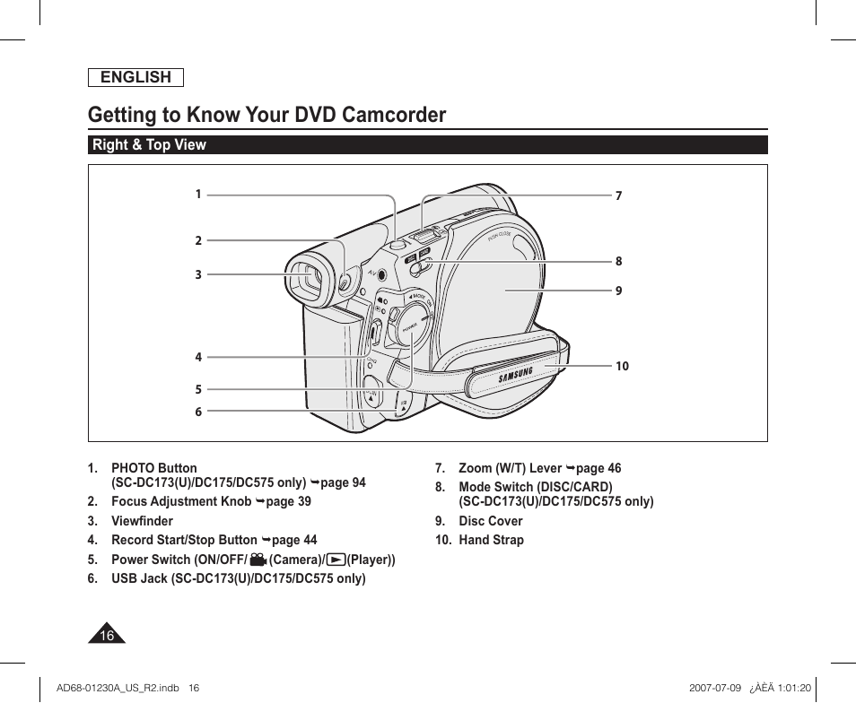 Right & top view, Getting to know your dvd camcorder | Samsung SC-DC575-XAA User Manual | Page 16 / 128