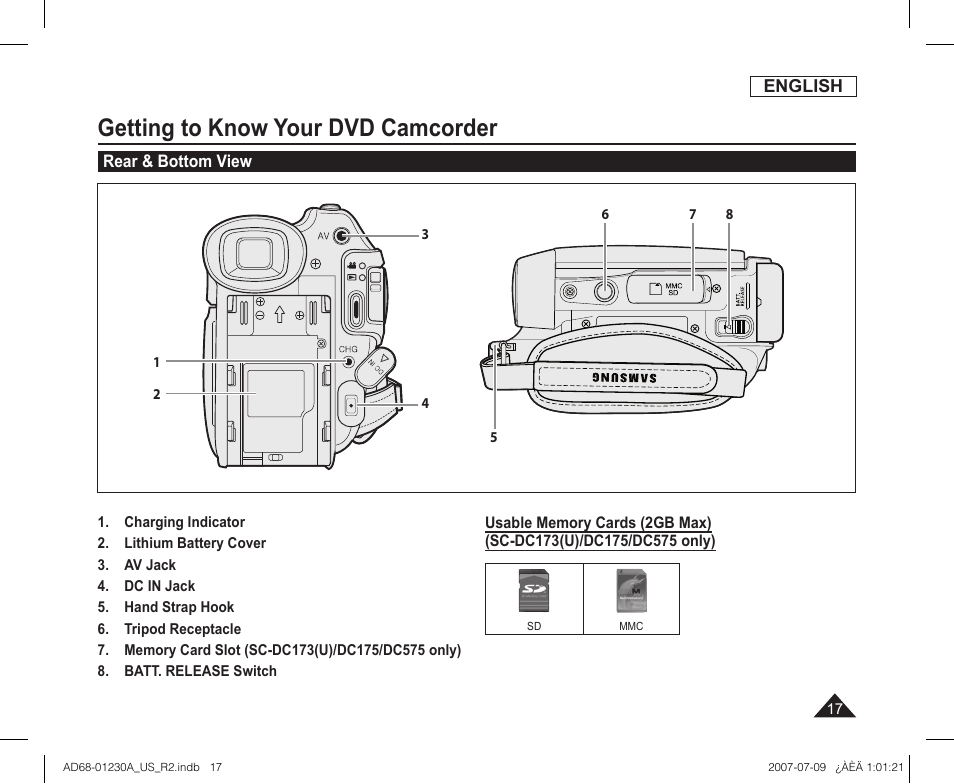 Rear & bottom view, Getting to know your dvd camcorder | Samsung SC-DC575-XAA User Manual | Page 17 / 128