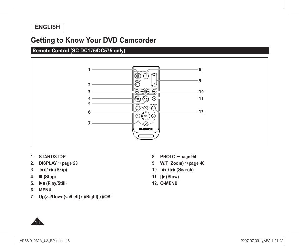 Remote control (sc-dc175/dc575 only), Getting to know your dvd camcorder | Samsung SC-DC575-XAA User Manual | Page 18 / 128