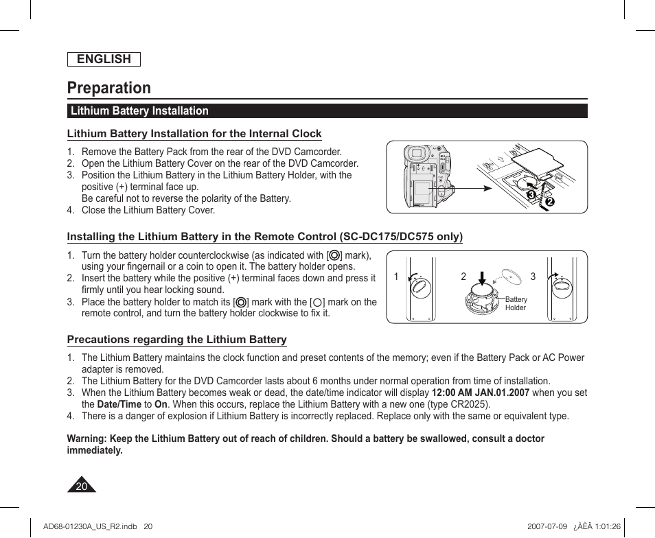 Lithium battery installation, Preparation | Samsung SC-DC575-XAA User Manual | Page 20 / 128