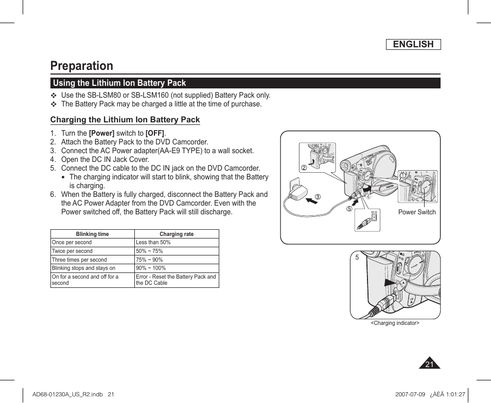 Using the lithium ion battery pack, Preparation | Samsung SC-DC575-XAA User Manual | Page 21 / 128