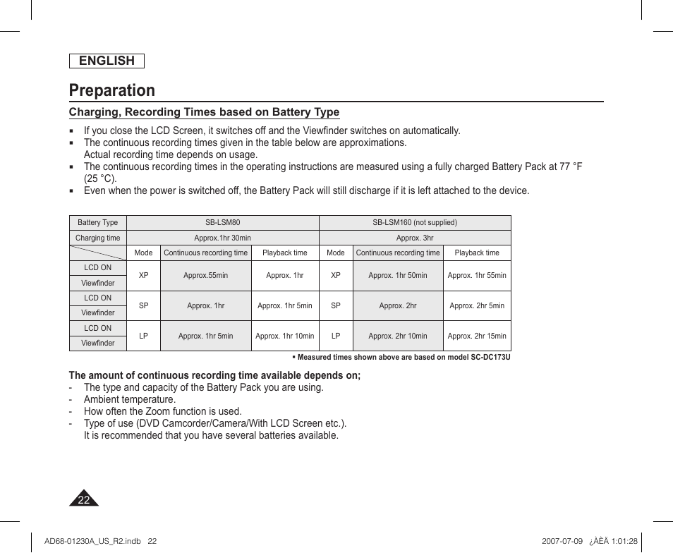 Preparation, English, Charging, recording times based on battery type | Samsung SC-DC575-XAA User Manual | Page 22 / 128