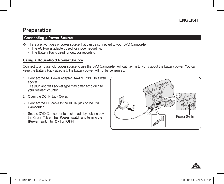 Connecting a power source, Preparation | Samsung SC-DC575-XAA User Manual | Page 25 / 128