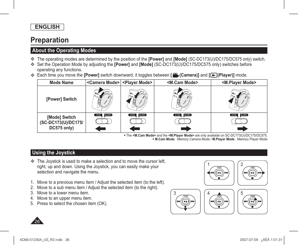 About the operating modes, Using the joystick, Preparation | Samsung SC-DC575-XAA User Manual | Page 26 / 128