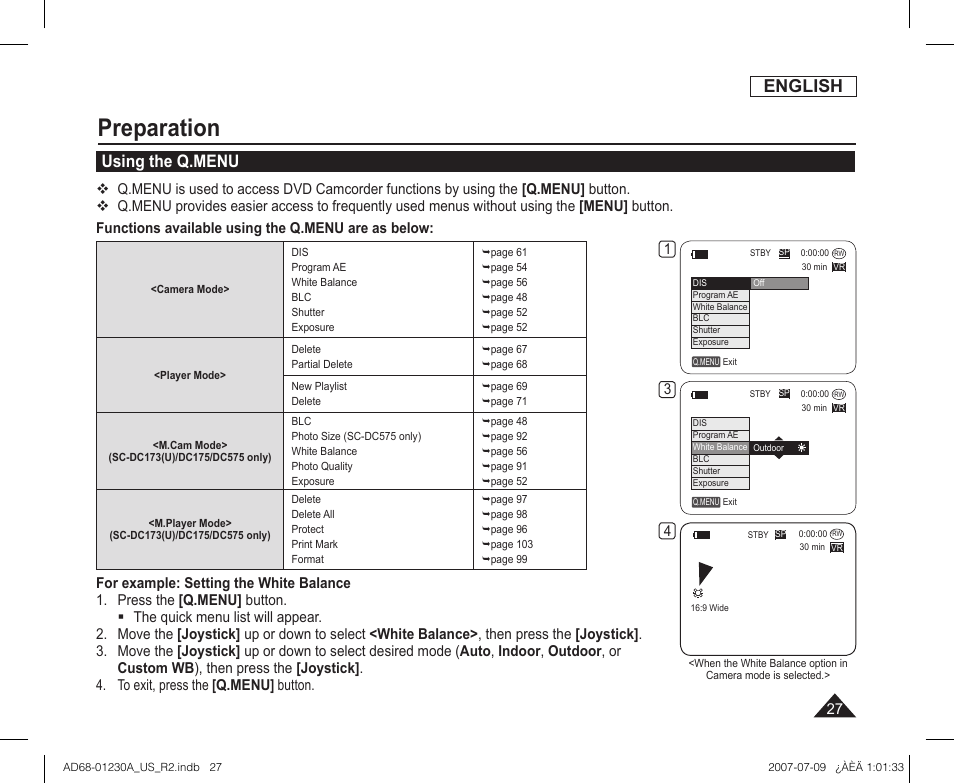 Using the q.menu, Preparation, English | Samsung SC-DC575-XAA User Manual | Page 27 / 128