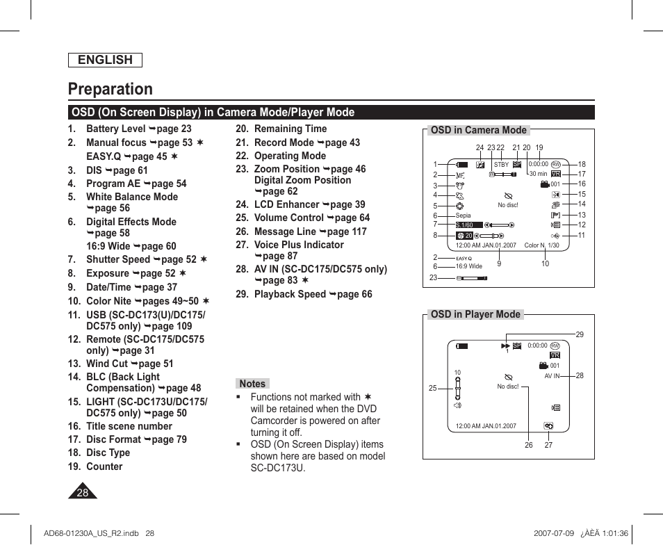 Osd (on screen display) in camera mode/player mode, Preparation, English | Samsung SC-DC575-XAA User Manual | Page 28 / 128