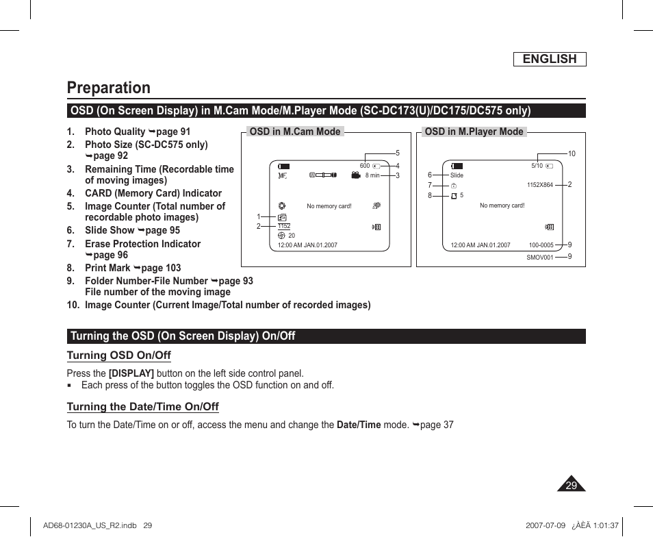 Turning the osd (on screen display) on/off, Preparation, English | Samsung SC-DC575-XAA User Manual | Page 29 / 128