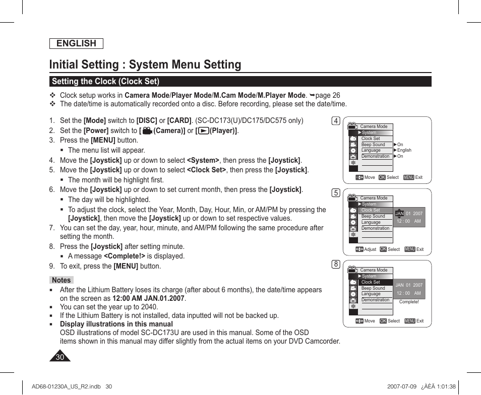 Initial setting : system menu setting, Setting the clock (clock set), English | Samsung SC-DC575-XAA User Manual | Page 30 / 128