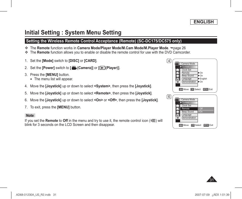 Initial setting : system menu setting, English | Samsung SC-DC575-XAA User Manual | Page 31 / 128