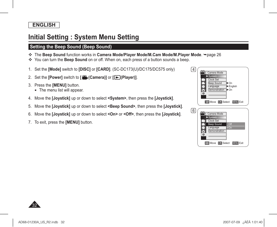 Setting the beep sound (beep sound), Initial setting : system menu setting, English | Samsung SC-DC575-XAA User Manual | Page 32 / 128