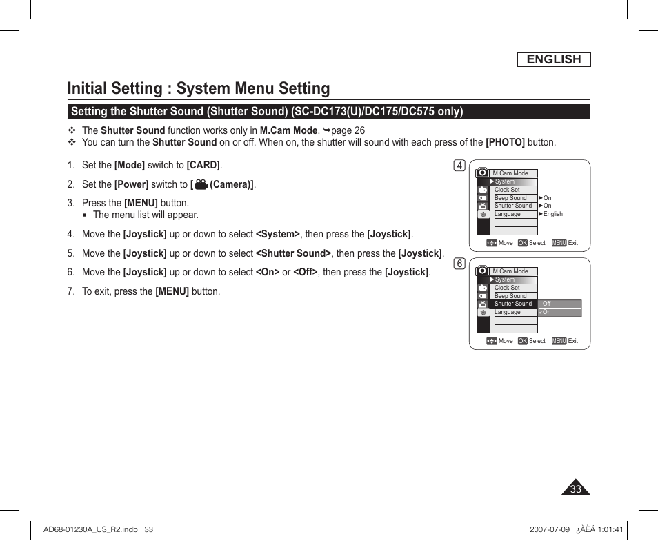 Initial setting : system menu setting, English | Samsung SC-DC575-XAA User Manual | Page 33 / 128