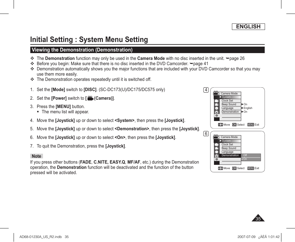 Viewing the demonstration (demonstration), Initial setting : system menu setting, English | Samsung SC-DC575-XAA User Manual | Page 35 / 128