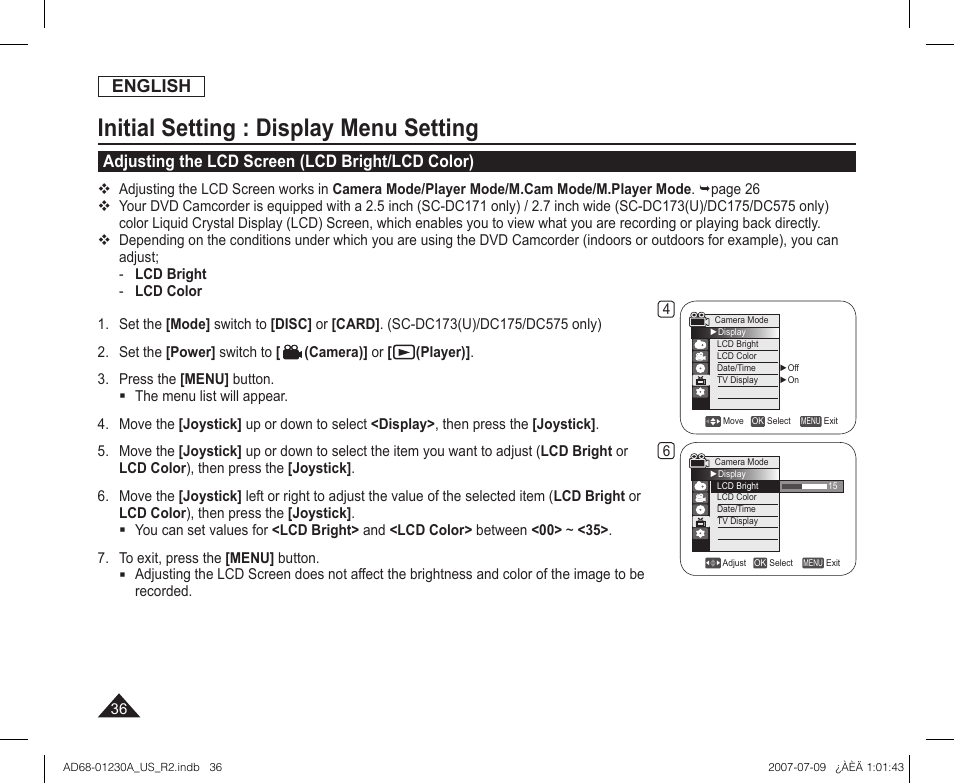 Initial setting : display menu setting, Adjusting the lcd screen (lcd bright/lcd color), English | Samsung SC-DC575-XAA User Manual | Page 36 / 128