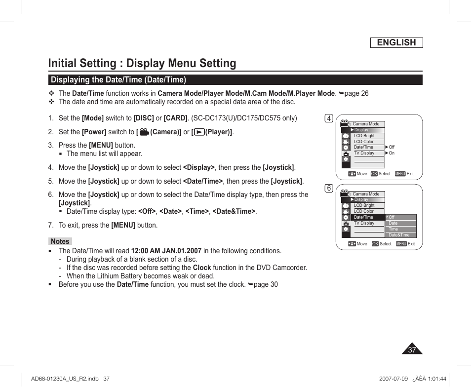 Displaying the date/time (date/time), Initial setting : display menu setting, English | Samsung SC-DC575-XAA User Manual | Page 37 / 128