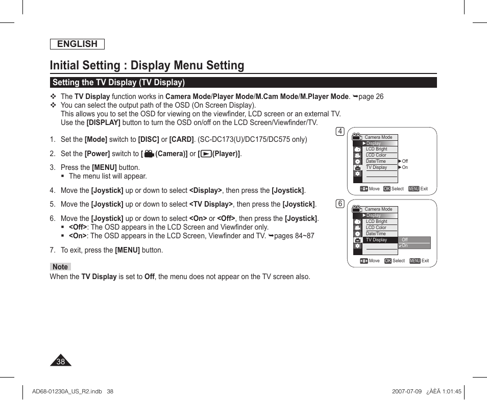 Setting the tv display (tv display), Initial setting : display menu setting, English | Samsung SC-DC575-XAA User Manual | Page 38 / 128