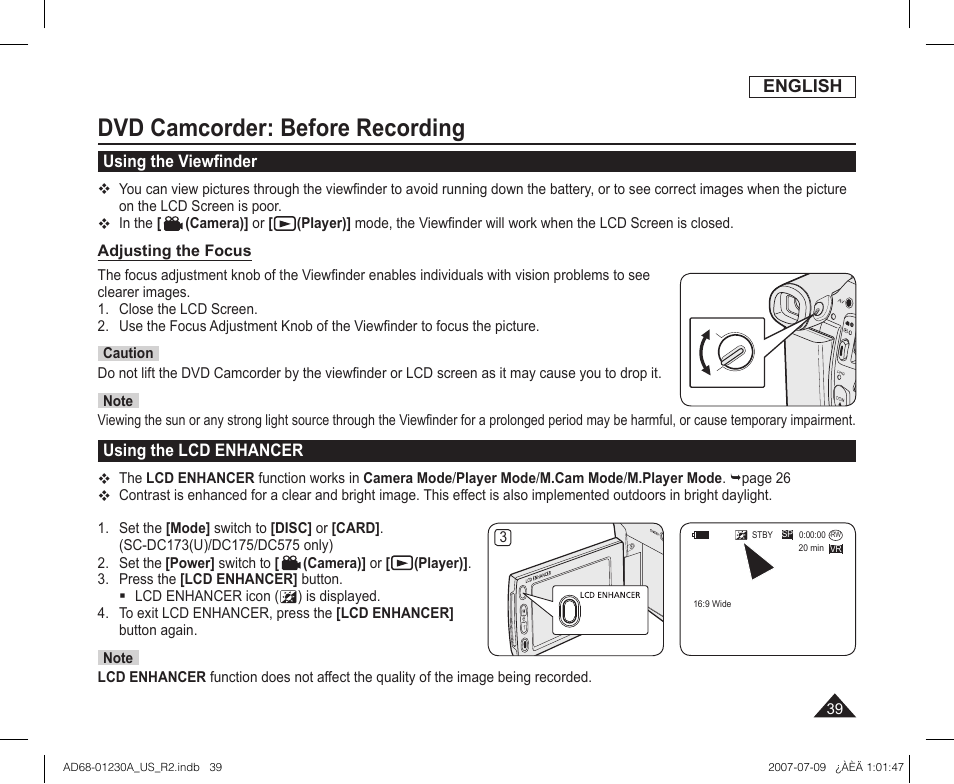 Dvd camcorder: before recording, Using the viewfinder, Using the lcd enhancer | Samsung SC-DC575-XAA User Manual | Page 39 / 128