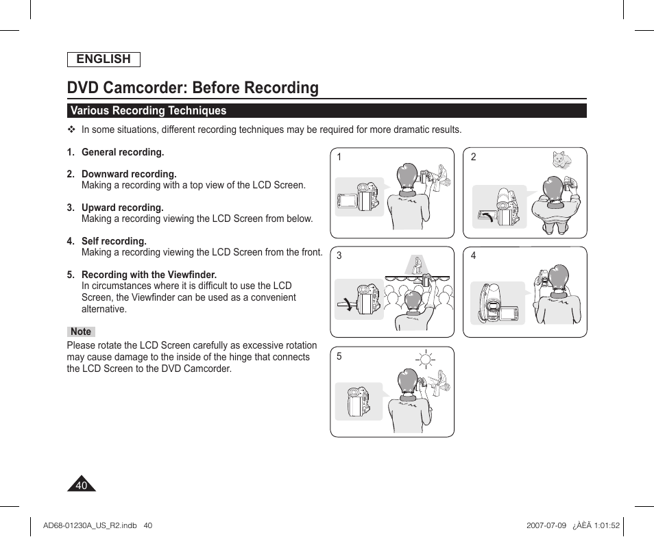 Various recording techniques, Dvd camcorder: before recording | Samsung SC-DC575-XAA User Manual | Page 40 / 128