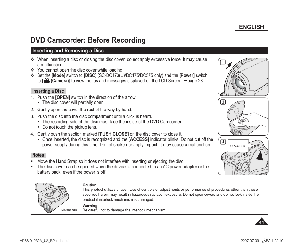 Inserting and removing a disc, Dvd camcorder: before recording | Samsung SC-DC575-XAA User Manual | Page 41 / 128