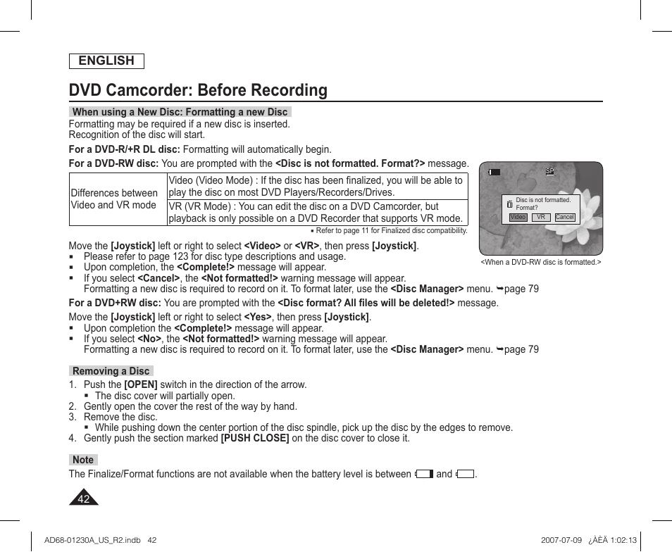 Dvd camcorder: before recording | Samsung SC-DC575-XAA User Manual | Page 42 / 128