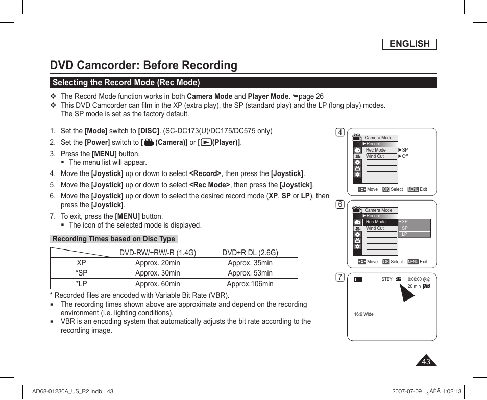 Selecting the record mode (rec mode), Dvd camcorder: before recording, English | Samsung SC-DC575-XAA User Manual | Page 43 / 128