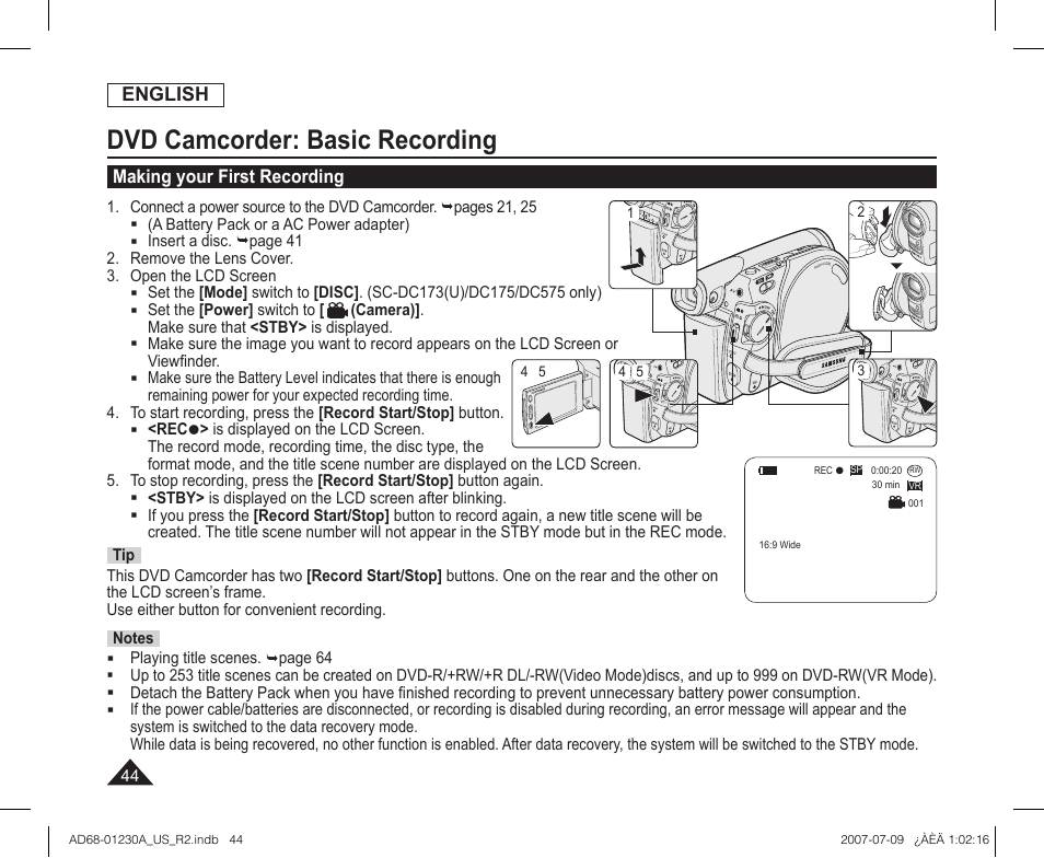 Dvd camcorder: basic recording, Making your first recording | Samsung SC-DC575-XAA User Manual | Page 44 / 128