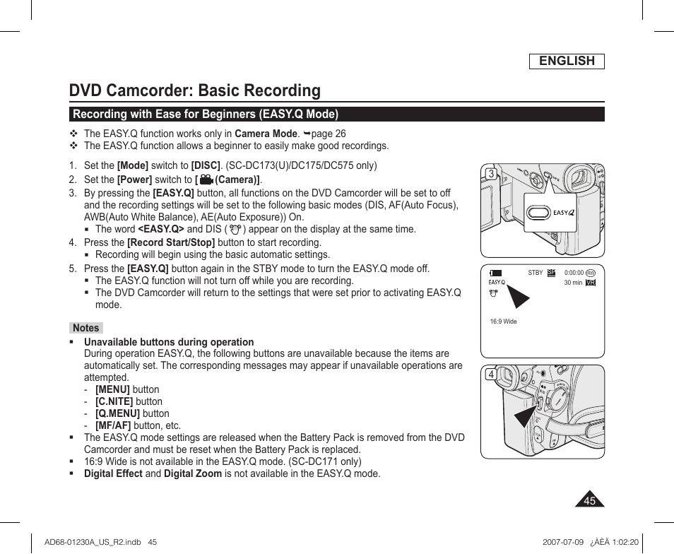 Recording with ease for beginners (easy.q mode), Dvd camcorder: basic recording | Samsung SC-DC575-XAA User Manual | Page 45 / 128