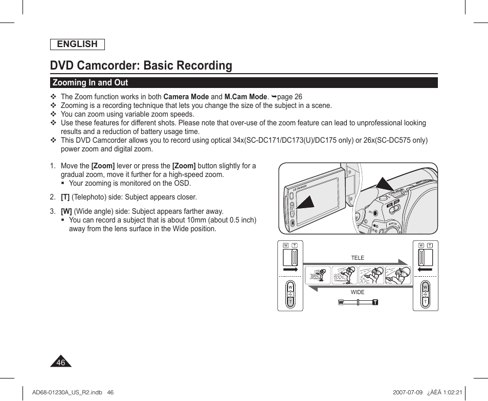 Zooming in and out, Dvd camcorder: basic recording | Samsung SC-DC575-XAA User Manual | Page 46 / 128