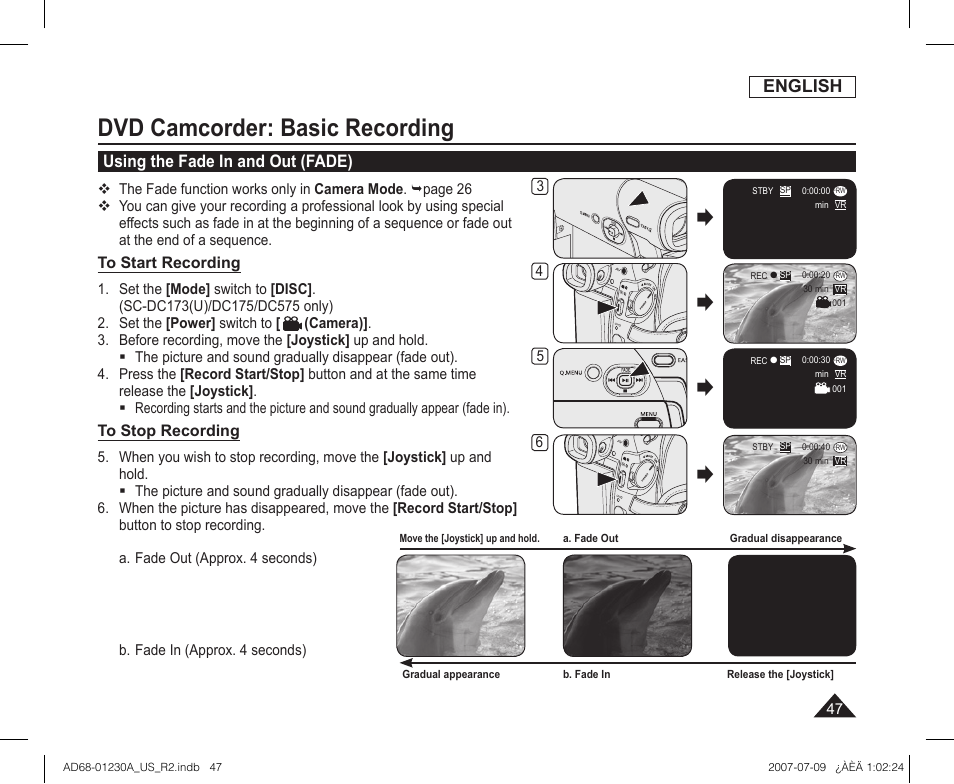 Using the fade in and out (fade), Dvd camcorder: basic recording, English | Samsung SC-DC575-XAA User Manual | Page 47 / 128