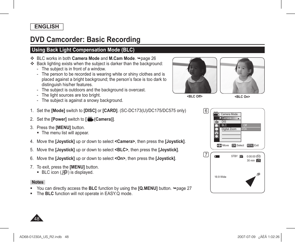 Using back light compensation mode (blc), Dvd camcorder: basic recording, English | Samsung SC-DC575-XAA User Manual | Page 48 / 128