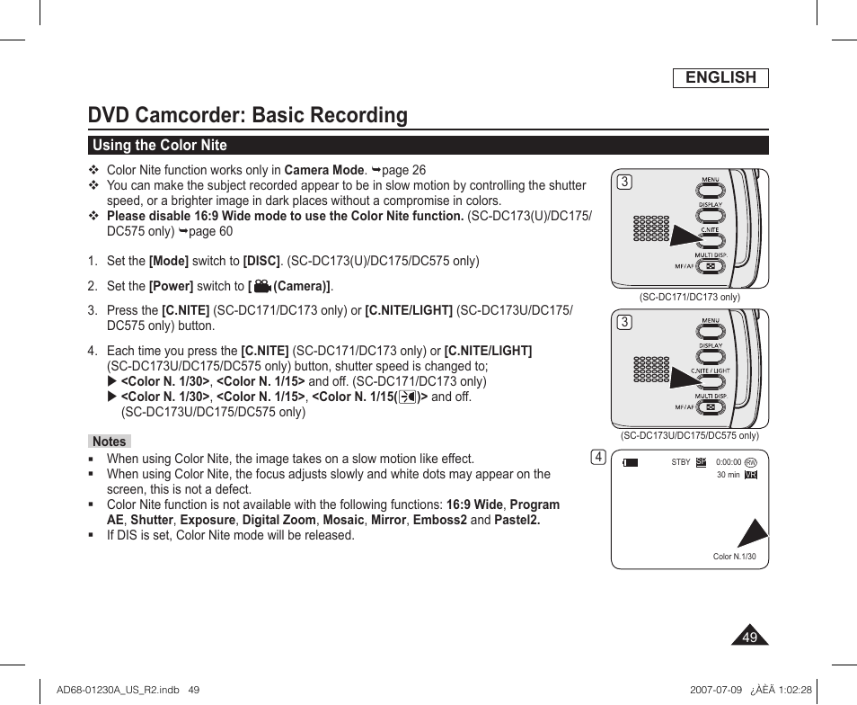 Using the color nite, Dvd camcorder: basic recording | Samsung SC-DC575-XAA User Manual | Page 49 / 128