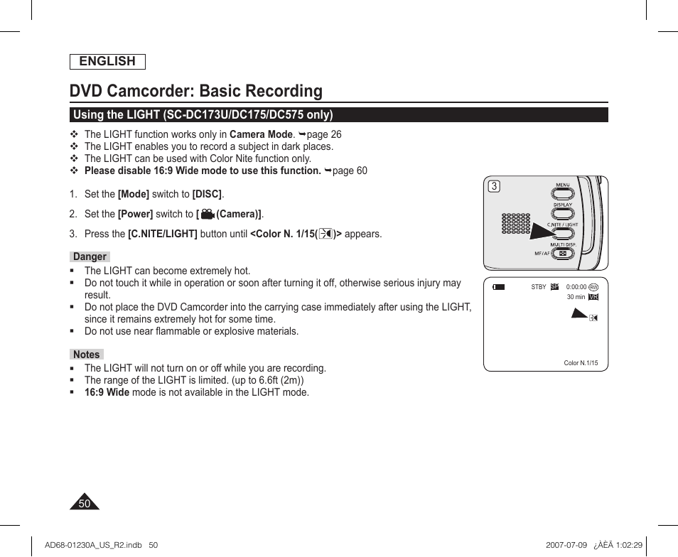 Using the light (sc-dc173u/dc175/dc575 only), Dvd camcorder: basic recording | Samsung SC-DC575-XAA User Manual | Page 50 / 128