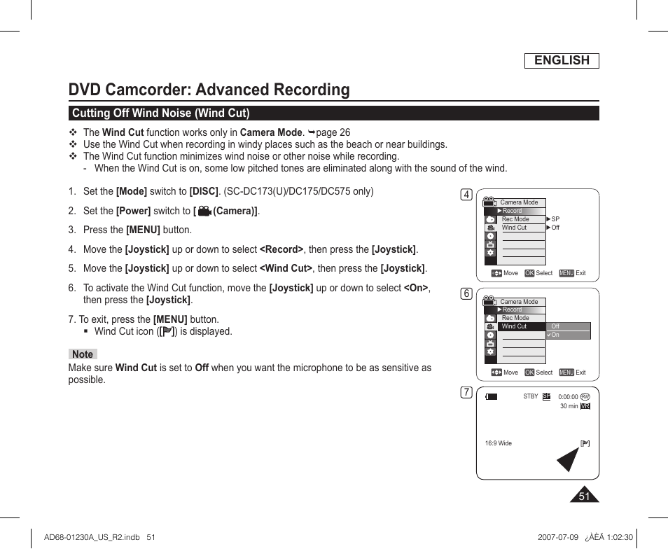 Dvd camcorder: advanced recording, Cutting off wind noise (wind cut), English | Samsung SC-DC575-XAA User Manual | Page 51 / 128