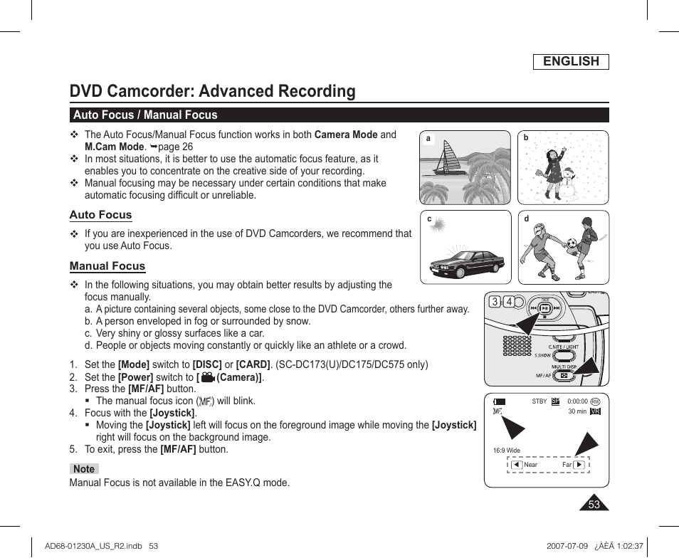 Auto focus / manual focus, Dvd camcorder: advanced recording | Samsung SC-DC575-XAA User Manual | Page 53 / 128