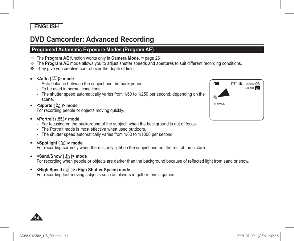 Programed automatic exposure modes (program ae), Dvd camcorder: advanced recording | Samsung SC-DC575-XAA User Manual | Page 54 / 128