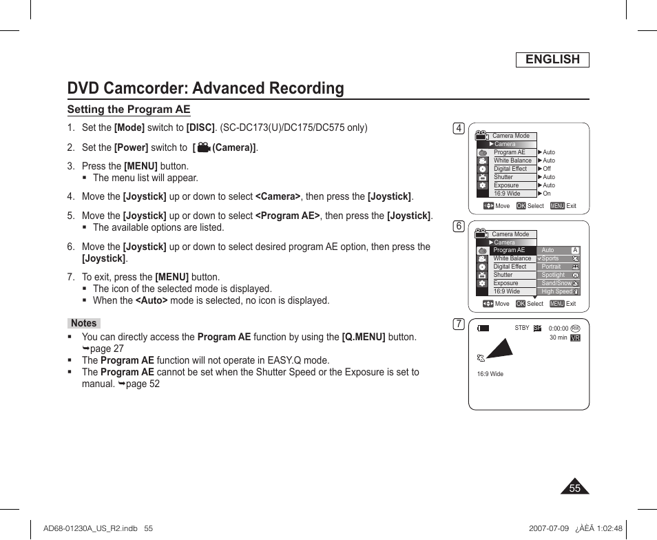 Dvd camcorder: advanced recording, English, Setting the program ae | Samsung SC-DC575-XAA User Manual | Page 55 / 128