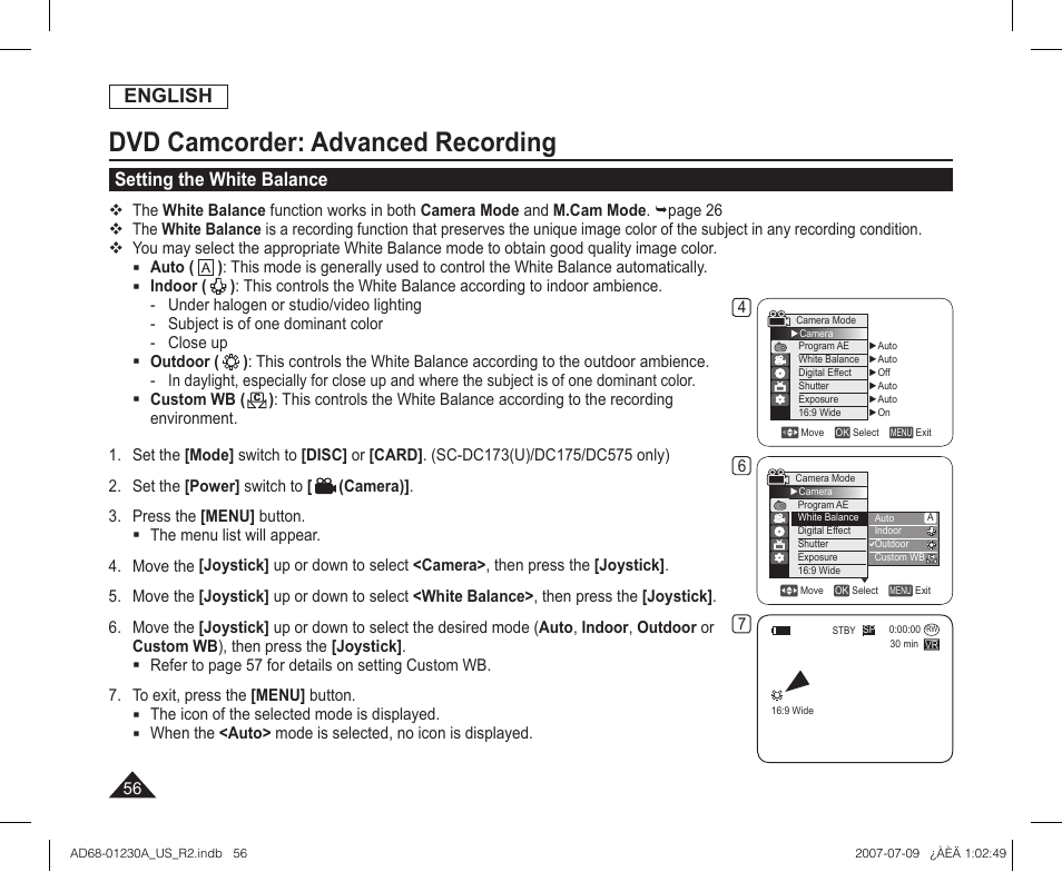 Setting the white balance, Dvd camcorder: advanced recording, English | Samsung SC-DC575-XAA User Manual | Page 56 / 128