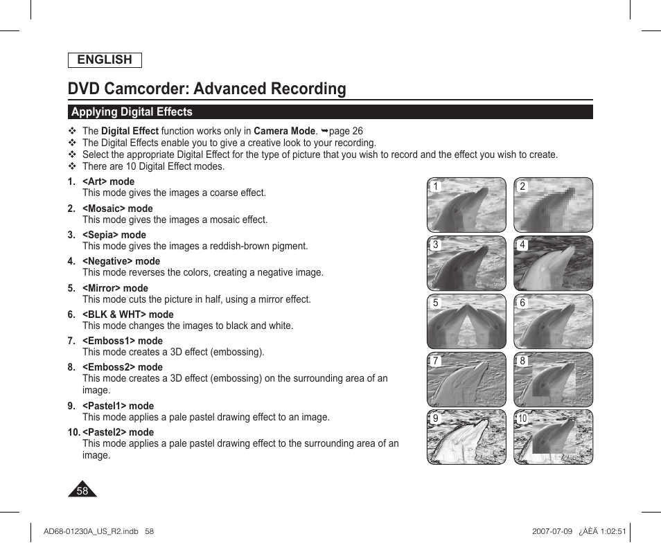 Applying digital effects, Dvd camcorder: advanced recording | Samsung SC-DC575-XAA User Manual | Page 58 / 128