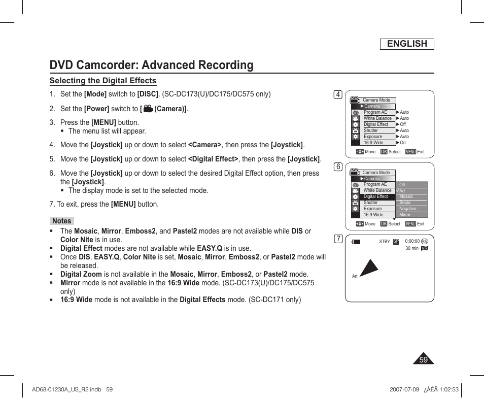 Dvd camcorder: advanced recording, English, Selecting the digital effects | Samsung SC-DC575-XAA User Manual | Page 59 / 128