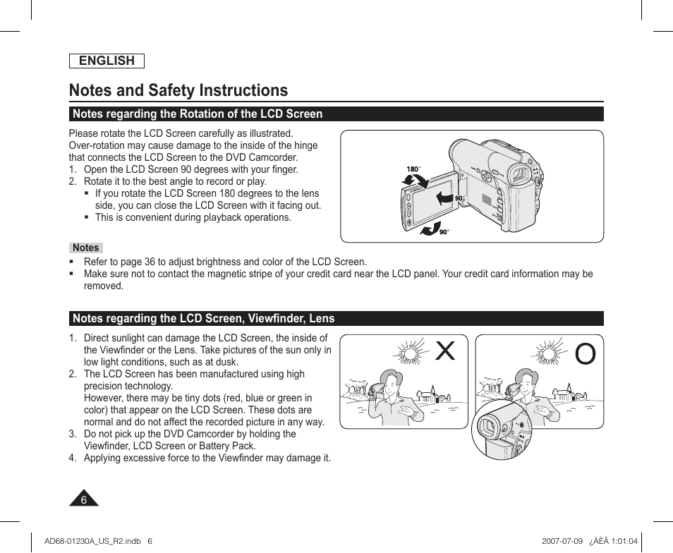 Notes and safety instructions, Notes regarding the rotation of the lcd screen, Notes regarding the lcd screen, viewfinder, lens | Samsung SC-DC575-XAA User Manual | Page 6 / 128