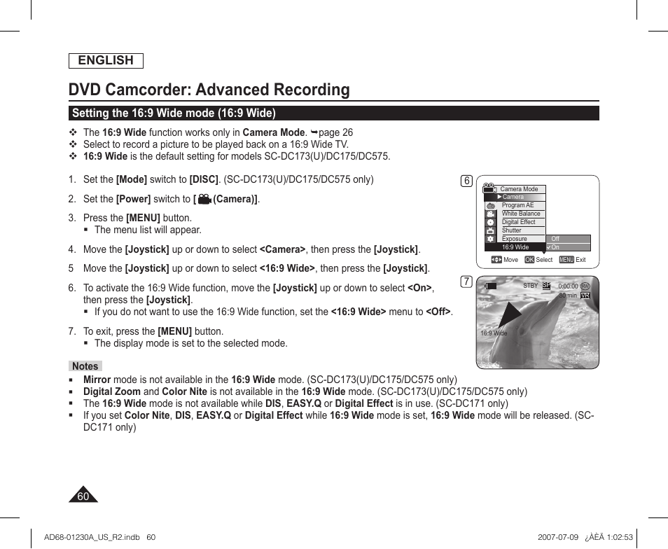 Setting the 16:9 wide mode (16:9 wide), Dvd camcorder: advanced recording, English | Samsung SC-DC575-XAA User Manual | Page 60 / 128