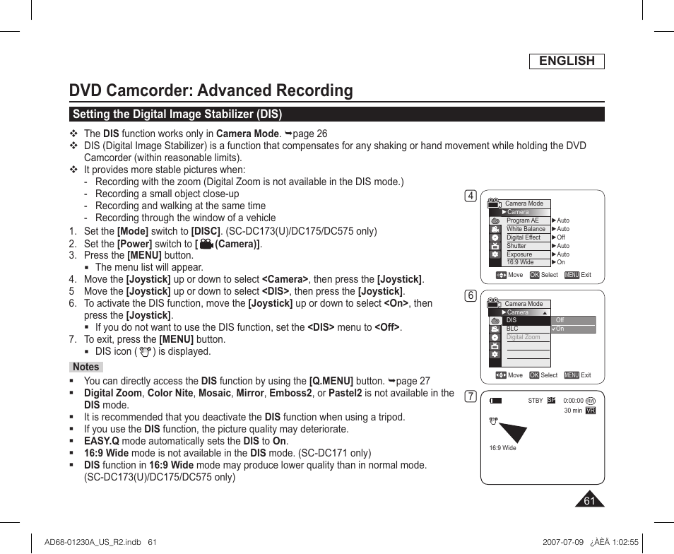 Setting the digital image stabilizer (dis), Dvd camcorder: advanced recording, English | Samsung SC-DC575-XAA User Manual | Page 61 / 128