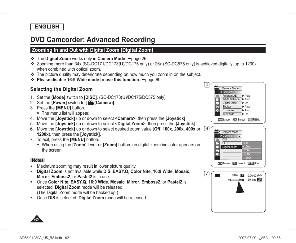 Dvd camcorder: advanced recording, English, Selecting the digital zoom | Samsung SC-DC575-XAA User Manual | Page 62 / 128