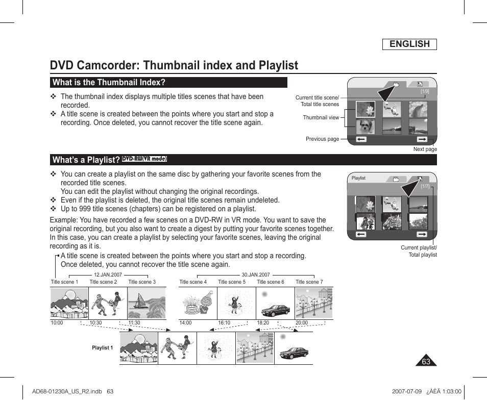 Dvd camcorder: thumbnail index and playlist, What is the thumbnail index, What’s a playlist? dvd-rw(vr mode) | English, What’s a playlist | Samsung SC-DC575-XAA User Manual | Page 63 / 128