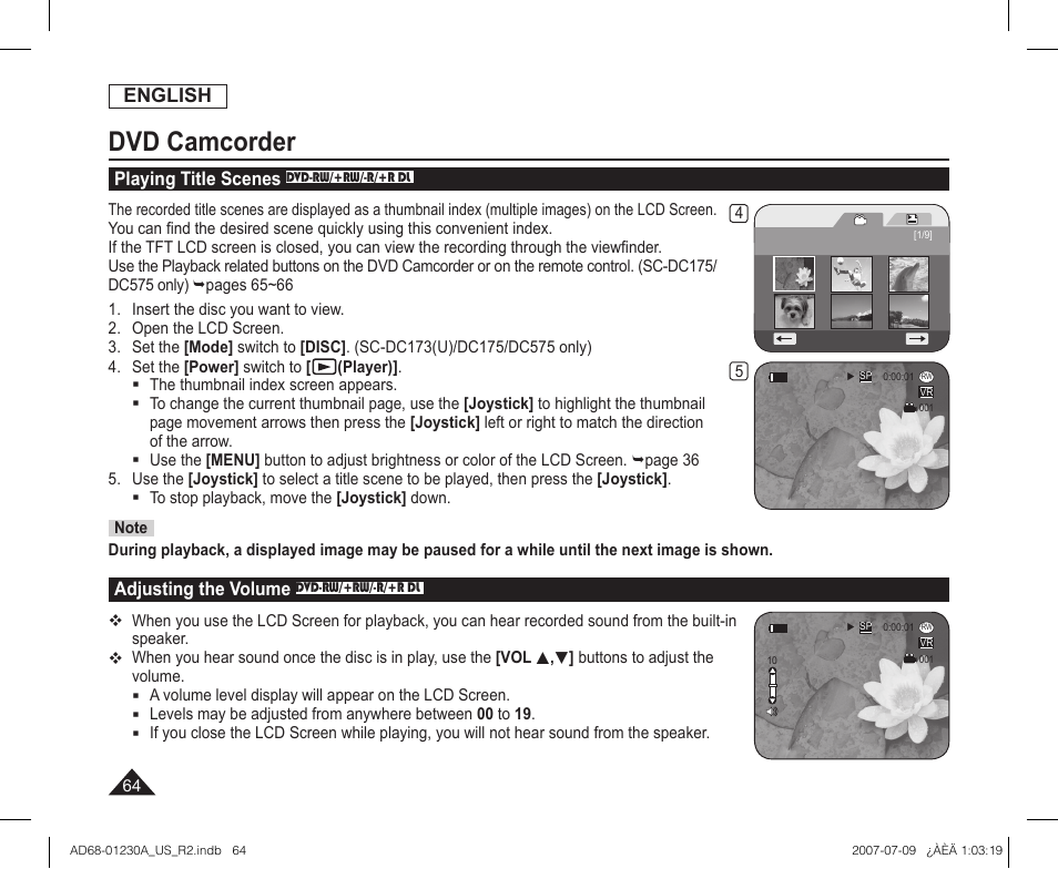 Dvd camcorder, Playing title scenes dvd-rw/+rw/-r/+r dl, Adjusting the volume dvd-rw/+rw/-r/+r dl | Samsung SC-DC575-XAA User Manual | Page 64 / 128