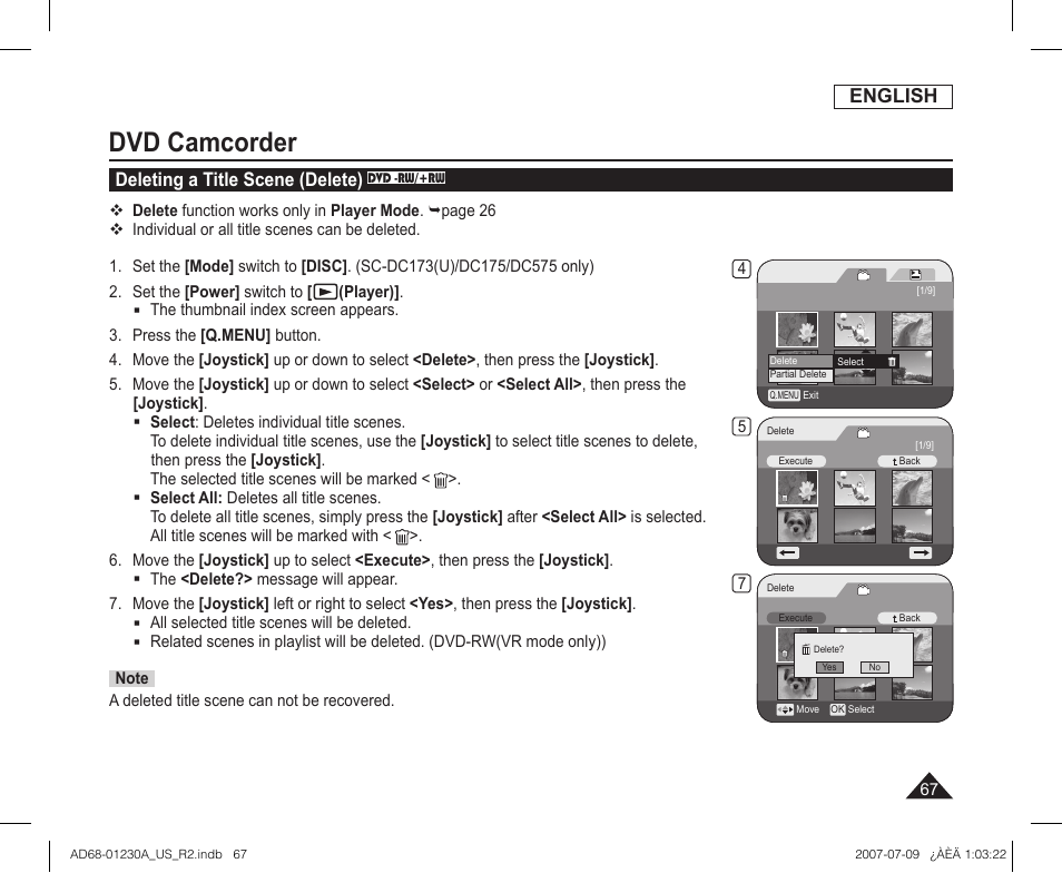 Deleting a title scene (delete) dvd -rw/+rw, Dvd camcorder, English | Deleting a title scene (delete) | Samsung SC-DC575-XAA User Manual | Page 67 / 128